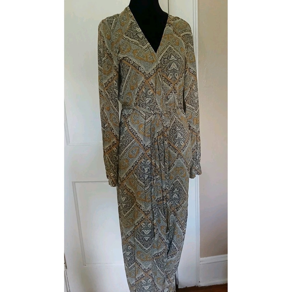 Olivaceous Dress Large Maxi Wrap Geo Paisley Peasant Bohemian Cottage Boho